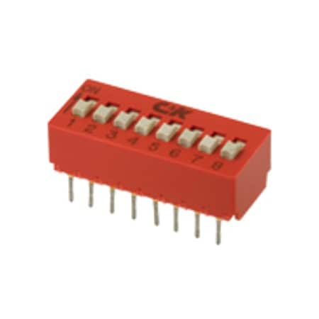 C&K Components Slide Dip Switch, 4 Switches, Spst, Latched, 0.1A, 5Vdc, 8 Pcb Hole Cnt, Solder Terminal, Through BD04